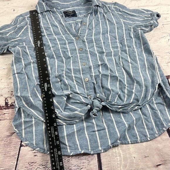 Abercrombie & Fitch Shirt Womens Small Button Up Top Striped Knot Hem Linen Blue - Picture 3 of 7